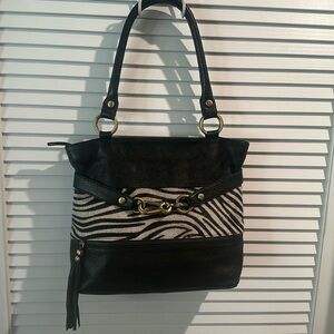 NWOT INNUE Italian Made Pebble Leather with Zebra Fur and Brass Hardware Tote.